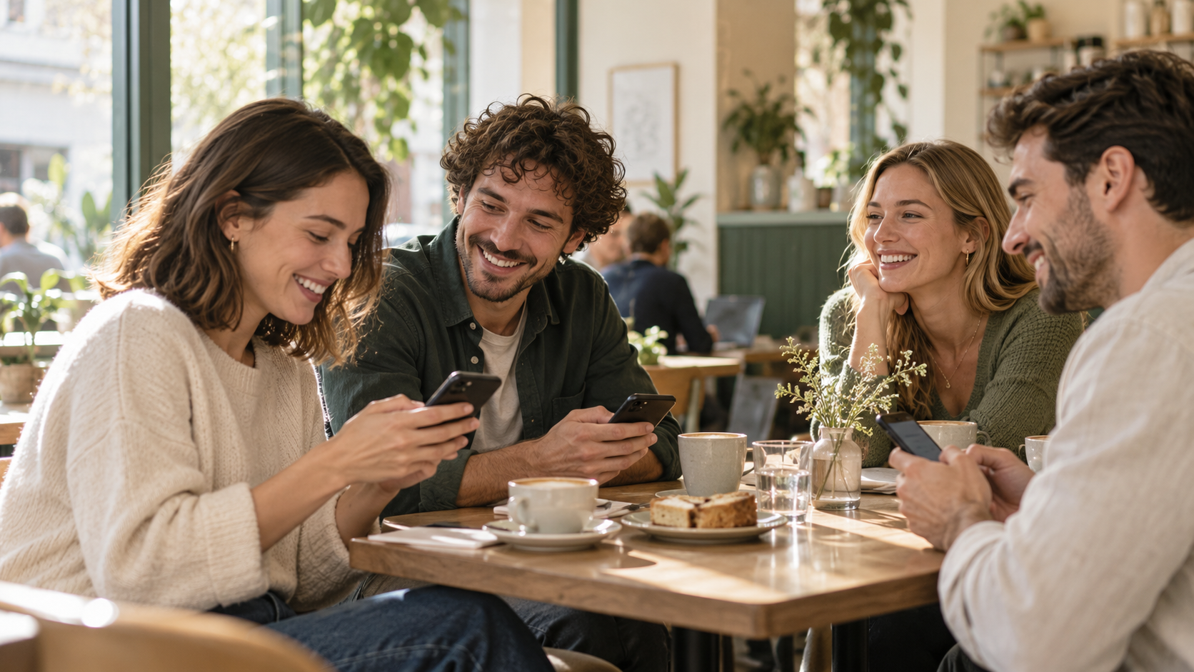 Friends connecting in a café